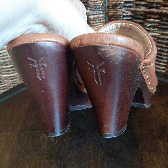 Frye Leather Audra Heeled Clogs Women's 8 Brown Studded Boho Western Platform - Picture 7 of 11